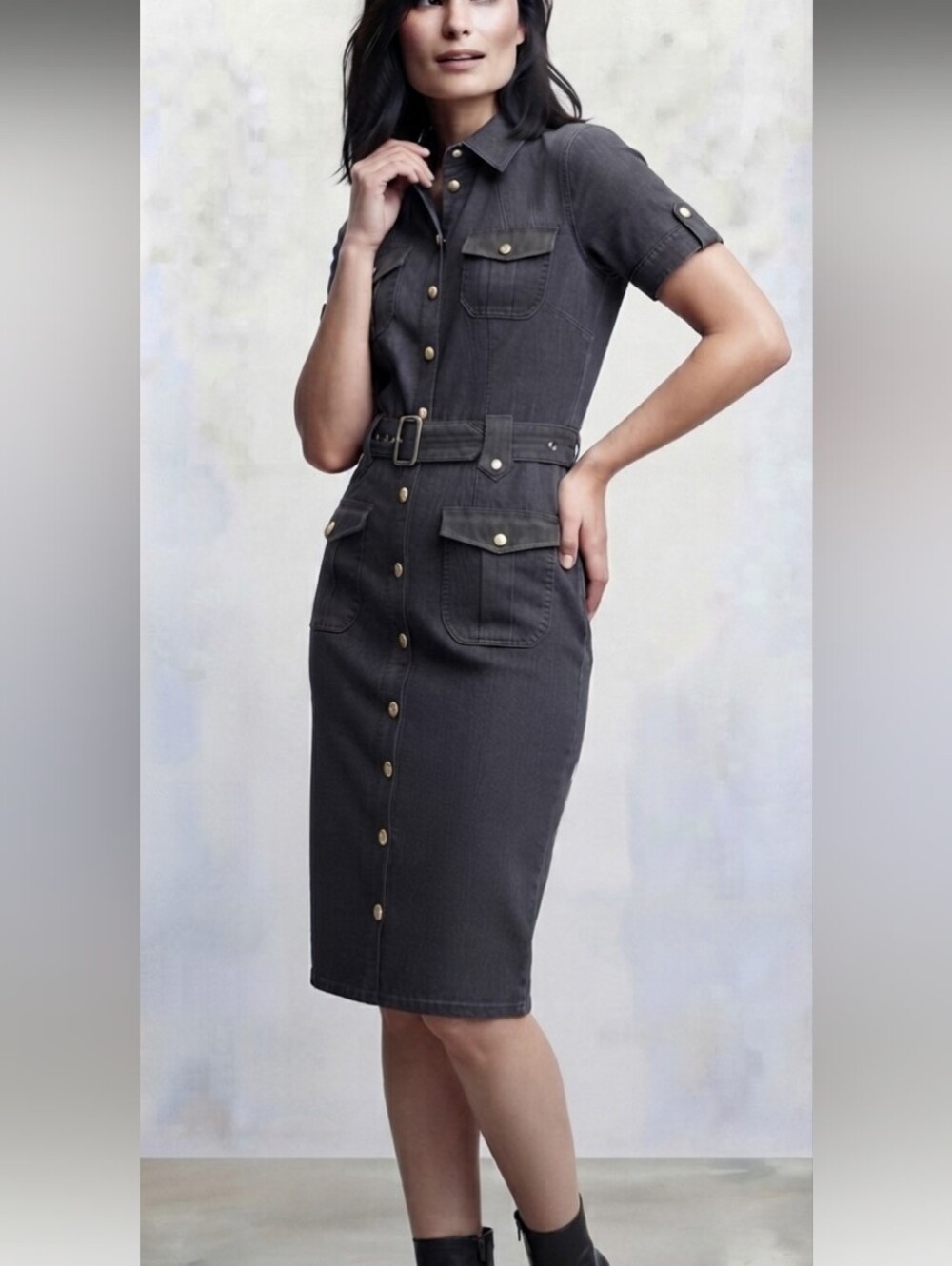 Stunning Sharagano Belted Short-Sleeve Midi Utility Shirt Dress Sz Size 16